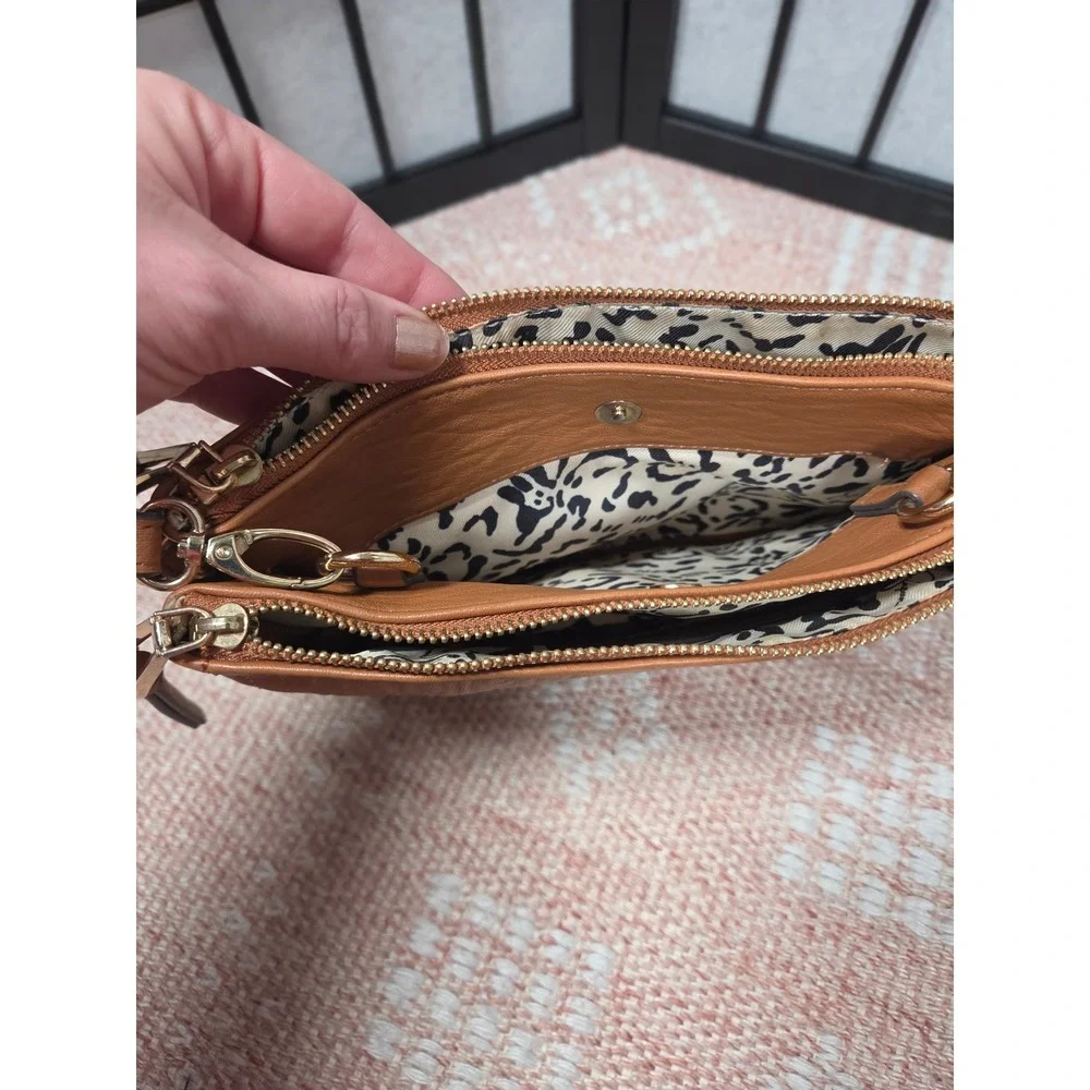 Jessica Simpson Cognac Brown Studded Triple Zip Crossbody Bag Gold Hardware